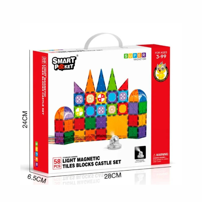 Let kids create more possibilities and build their own magnetic world. 58pcs magnetic tile blocks. Collecting creativity is the key to developing children’s imagination and their ability to concentrate. Children can build kinds of 2D models while playing with magnetic cubes and exercise logic thinking, scientific creativity, exploration, intelligence and spatial imagination. The magnetic set is made of high quality plastic. Suitable for early education in schools, kindergartens, and STEM education. With strong attraction you can put it together easily and the structure is not loose and ensures the assembled figure does not fall easily. Suitable for ages 3+ years and above.