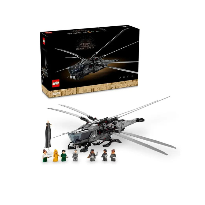 Build a LEGO replica of the Dune Atreides Royal Ornithopter with foldout wings, deployable landing gear, and 8 minifigures including Paul Atreides and Baron Harkonnen. The 1,369-piece model measures 9 in. high, 22 in. long, and 31 in. wide.