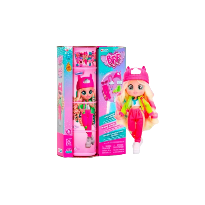 Discover 9+ surprises with your BFF's fashion doll, Hannah! She's fully articulated for easy posing. Explore her cylindrical display to see her in different poses by twisting the roller. Open to reveal her wardrobe with 1 doll, 2 clothing pieces, a bag, headband, shoes, socks, and necklace. For ages 3+.