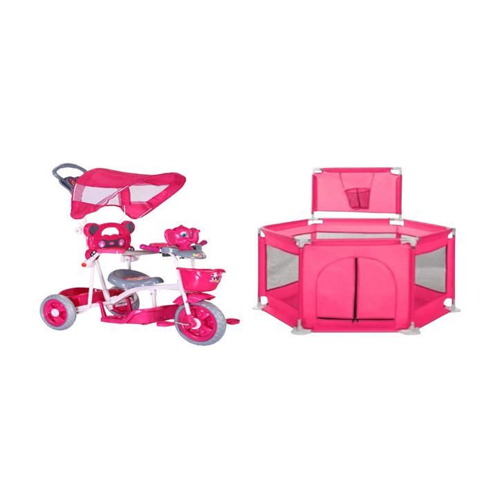 Let your little one explore and play safely with the Little Adventurer Set! This bundle includes a fun musical tricycle for outdoor adventures and a cozy pink playpen to keep them secure and entertained indoors. Perfect for active, imaginative play that supports growth and exploration!